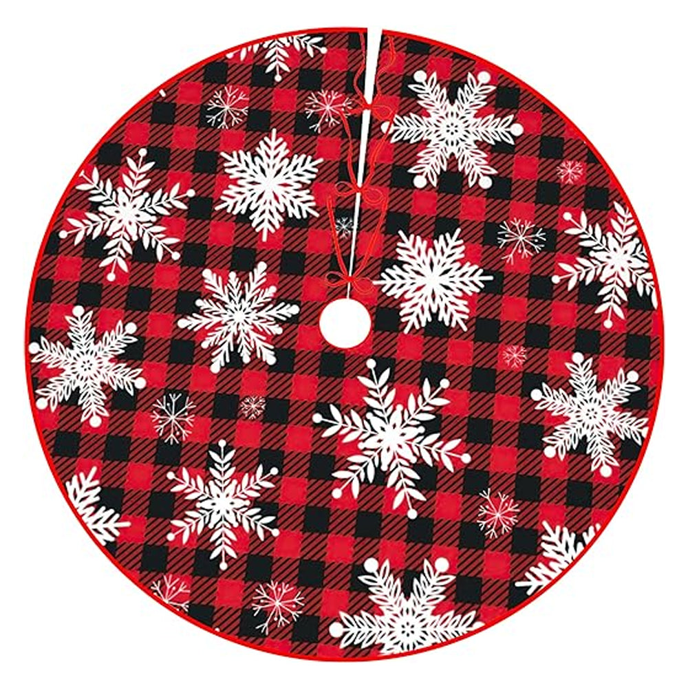 90/122CM Plaid Red-Black Christmas Tree Skirt with White Snowflake-Style 3