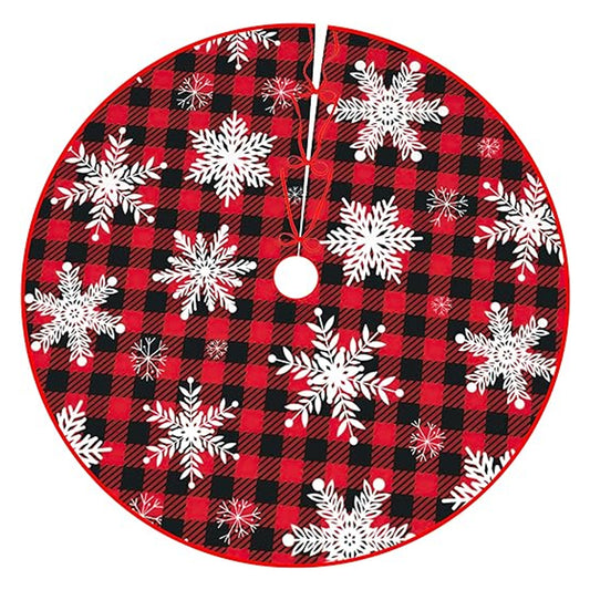90/122CM Plaid Red-Black Christmas Tree Skirt with White Snowflake-Style 3