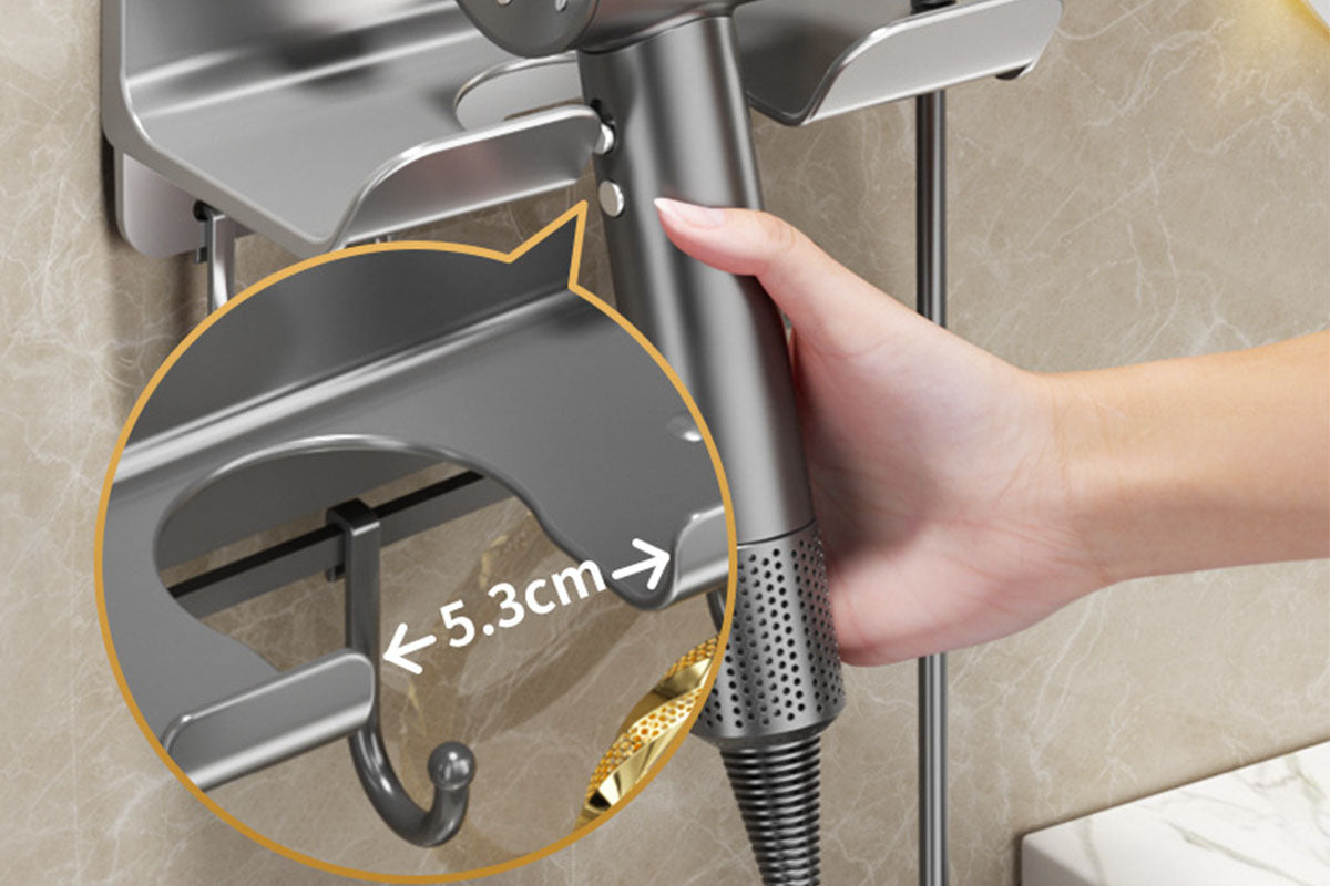 Adhesive Wall Mount Hair Dryer Holder with Phone Stand and Cord Organizer