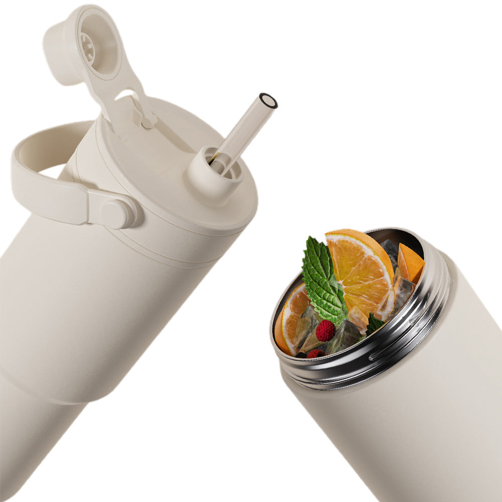 Dual Lid Tumbler with Straw 735ml Large Capacity Vacuum Insulated Water Bottle