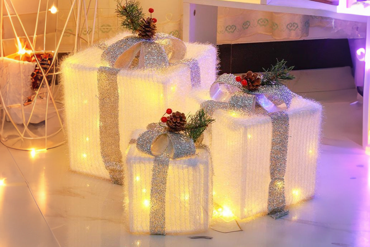 3PCS Christmas Lighted Gift Boxes With 8 Modes For Holiday Indoor Outdoor Decorations