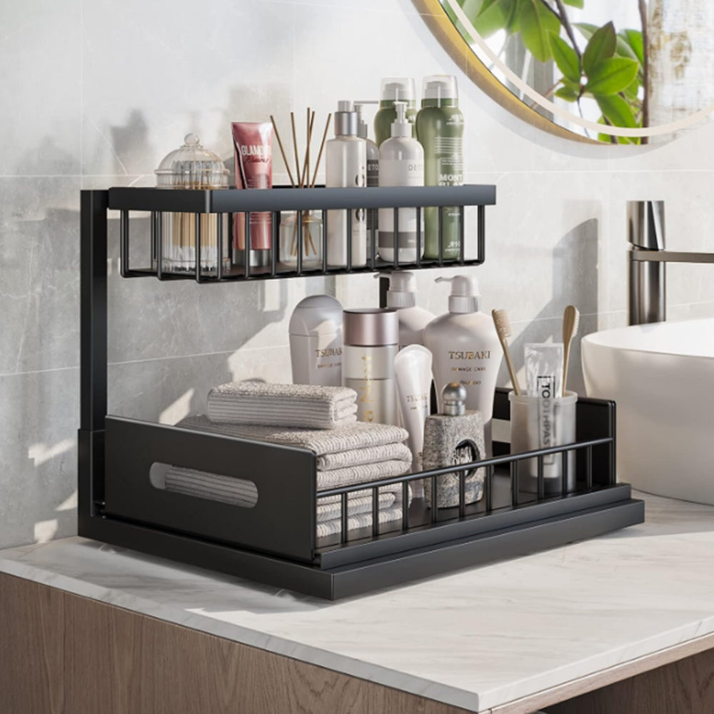 2Pcs 2-Tier Sliding Under Sink Cabinet Organizer Rack