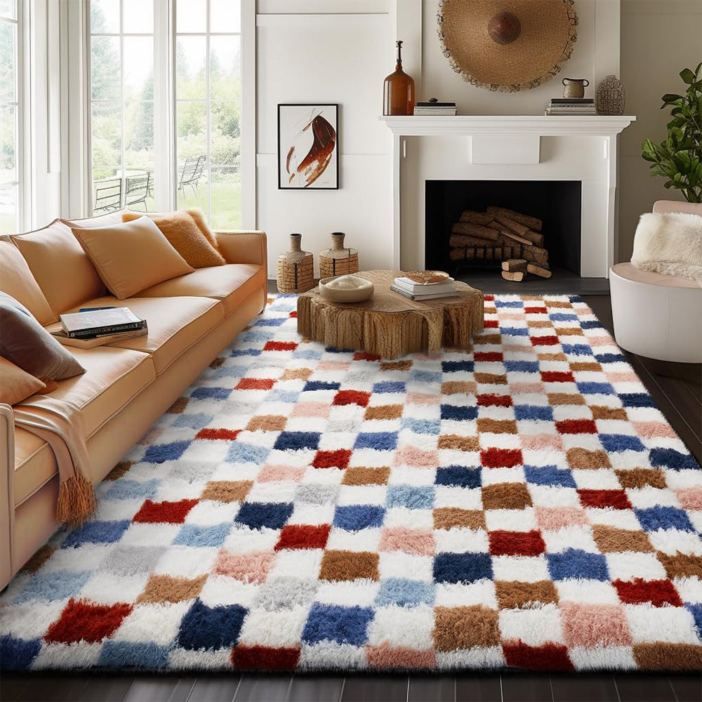 Soft Plush Shaggy Rug Checkered Thickened Non Slip Carpet for Living Room Bedroom