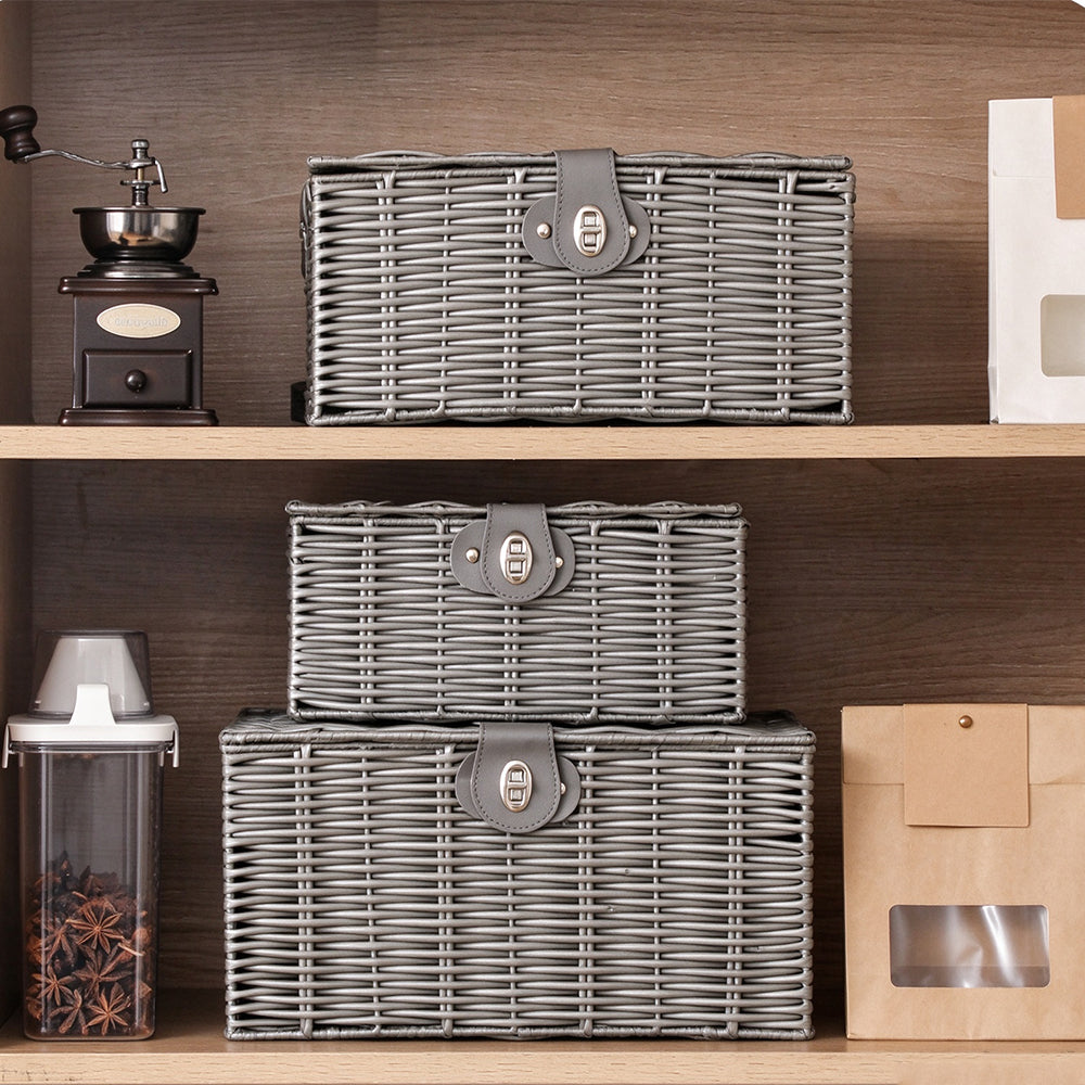 3 Piece Imitation Rattan Woven Storage Basket Set with Locking Lids-Grey