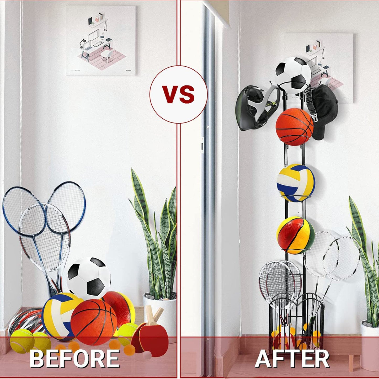 4 Tier Sports Equipment Ball Storage Rack with Basket and Hooks