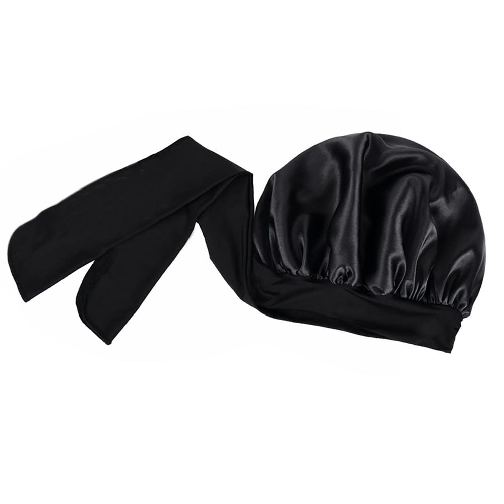 Polyester Satin Hair Bonnet with Tie Band for Sleeping-Black