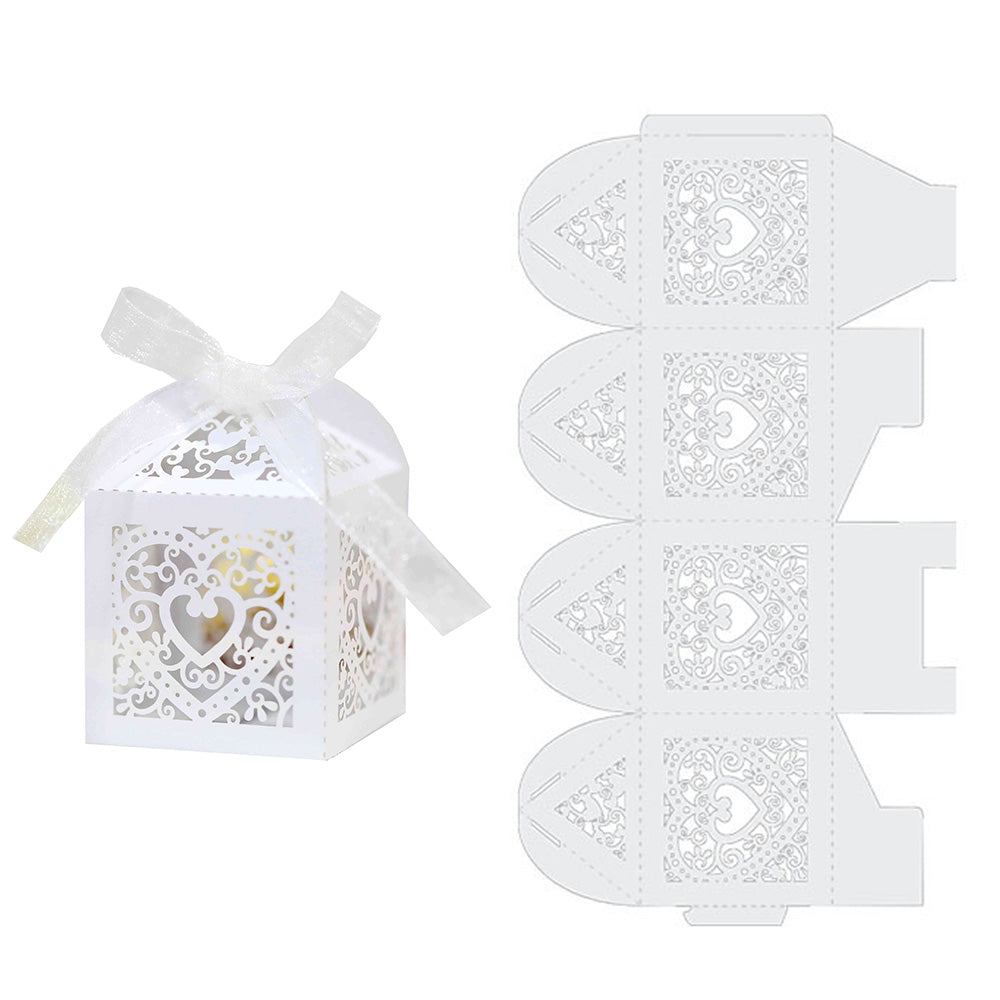 2X 50 Pack Laser Cut Pearl Paper Candy Favor Boxes with Ribbons