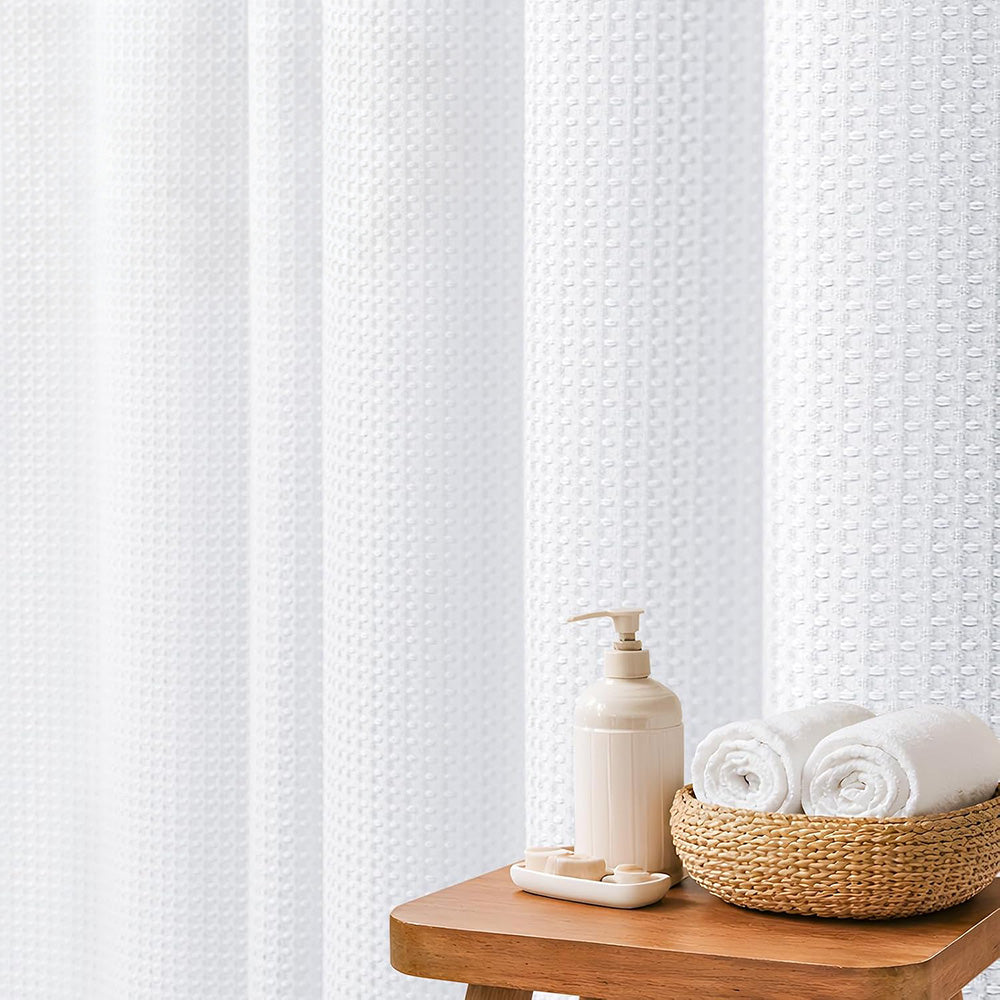 Waffle Weave Water Resistant Shower Curtain with 12 Rustproof Rings-White