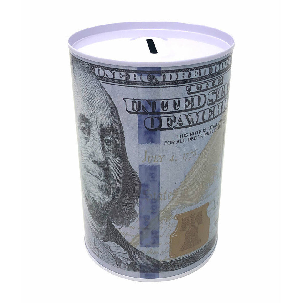 2 Pack Metal Money Saving Banks Benjamin Franklin 100 Dollar Bill Tin Design