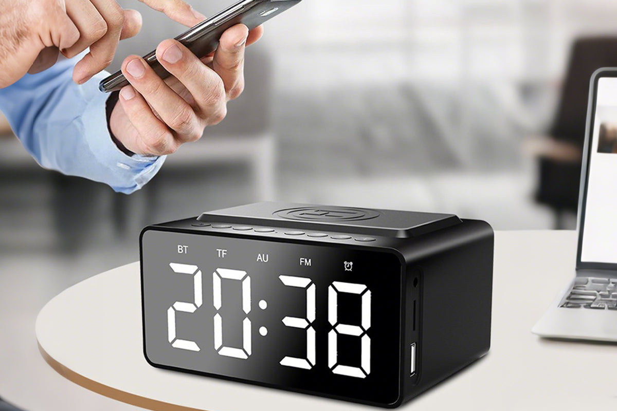Wireless Charging Bluetooth Speaker with LED Digital Alarm Clock and FM Radio