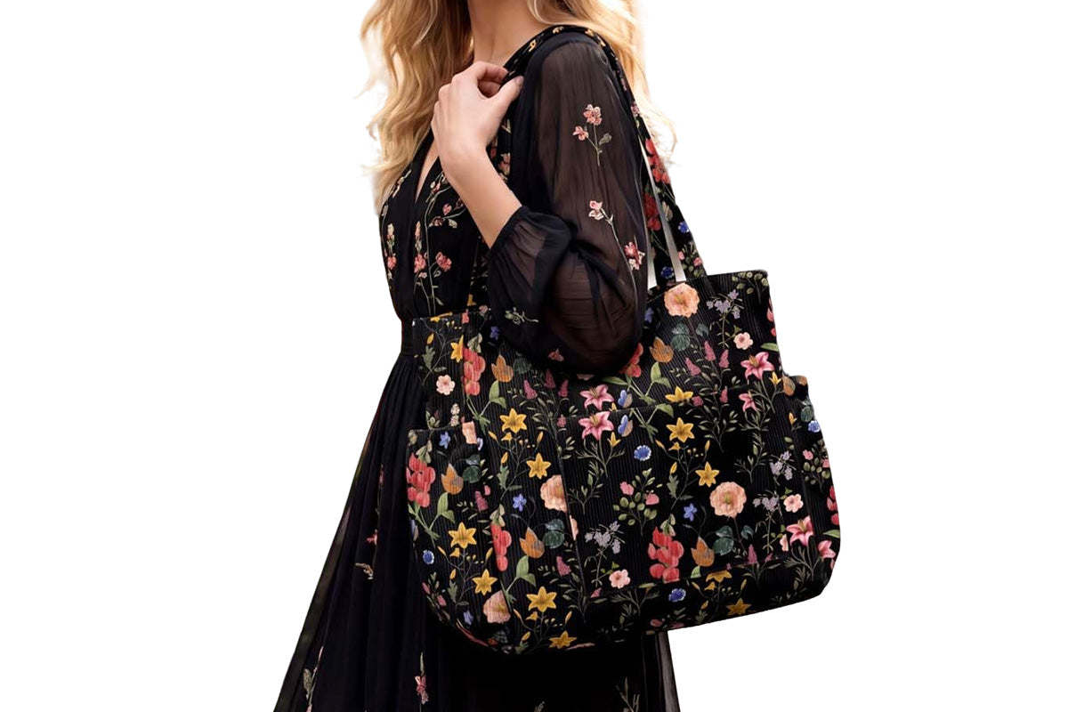 Corduroy Tote Bag with Side Water Bottle Pockets Large Shoulder Bag Casual Handbag