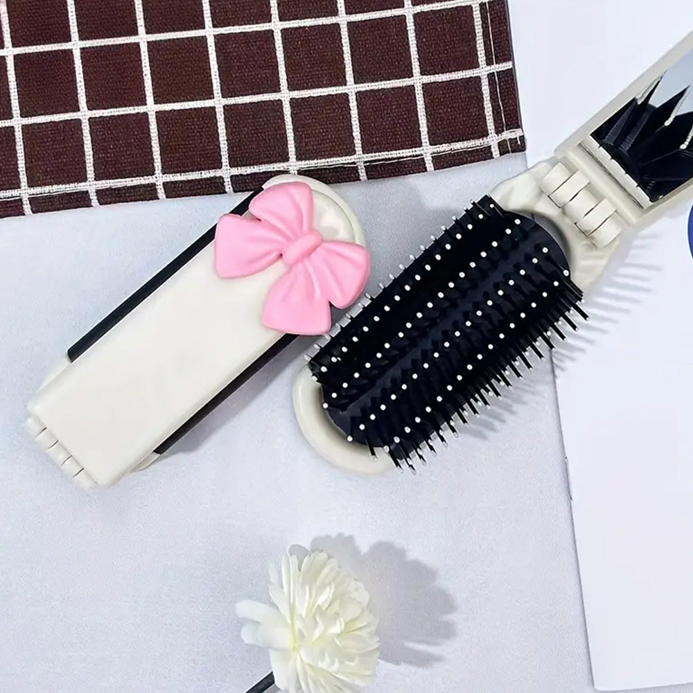 2Pcs Folding Hair Brush with Detachable Makeup Mirror Portable for Travel Student Office