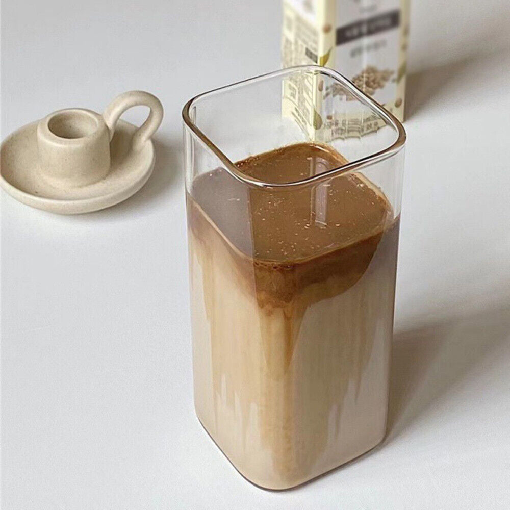 2Pcs 400ML Clear Glass Cup with Lid and Straw Square Glass Water Glass