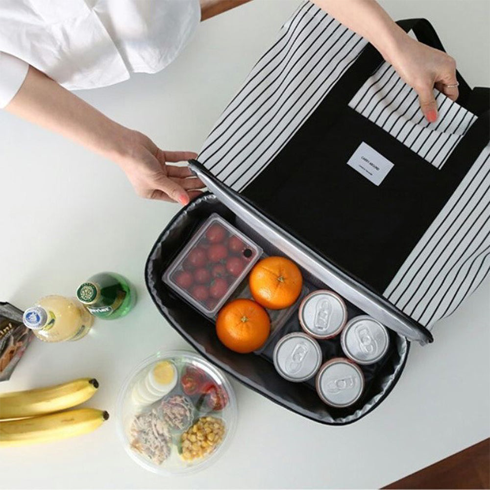 Black White Striped Double Layer Insulated Lunch Bag for Outdoor
