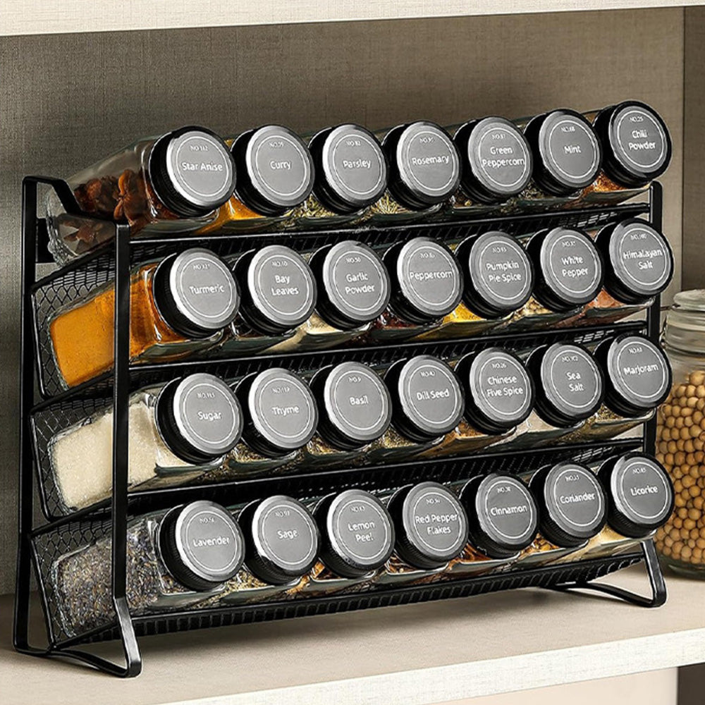 4 Tier Carbon Steel Spice Rack with Optional 28 Jars Labels and Tools