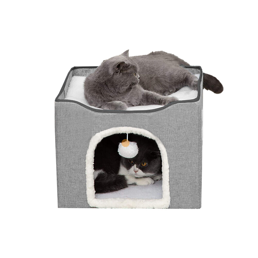 Foldable Cat Condo 2 Layer Cat Cube Box Kitten Cave with 2 Cosy Cushion