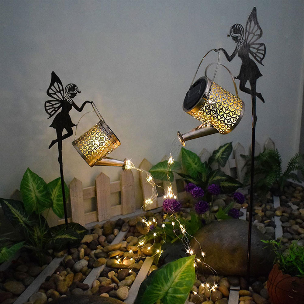 Iron Solar Garden Statues Outdoor Decor Fairy Figurine Light Stake-Kettle