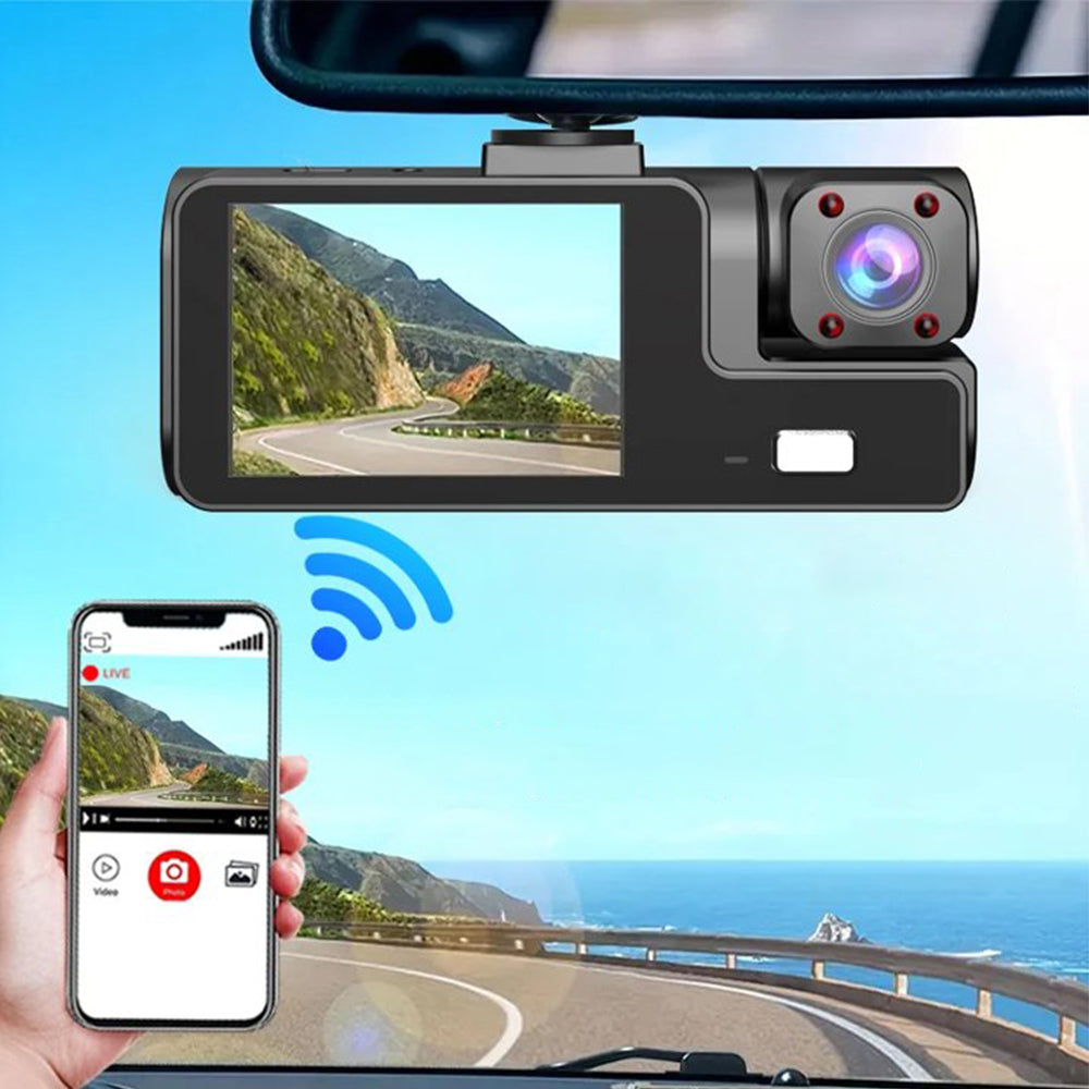 3 Channel Wi-Fi Dash Cam 2inch IPS Dash Cam Front and Rear Night Vision Dash Cam