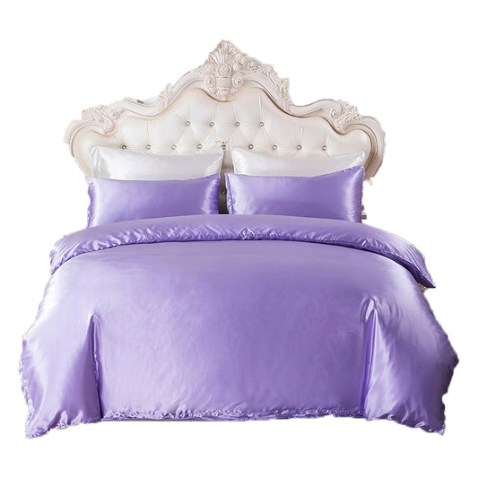 Single Double Queen Quilt Cover Silk Satin Bedding Set-Purple