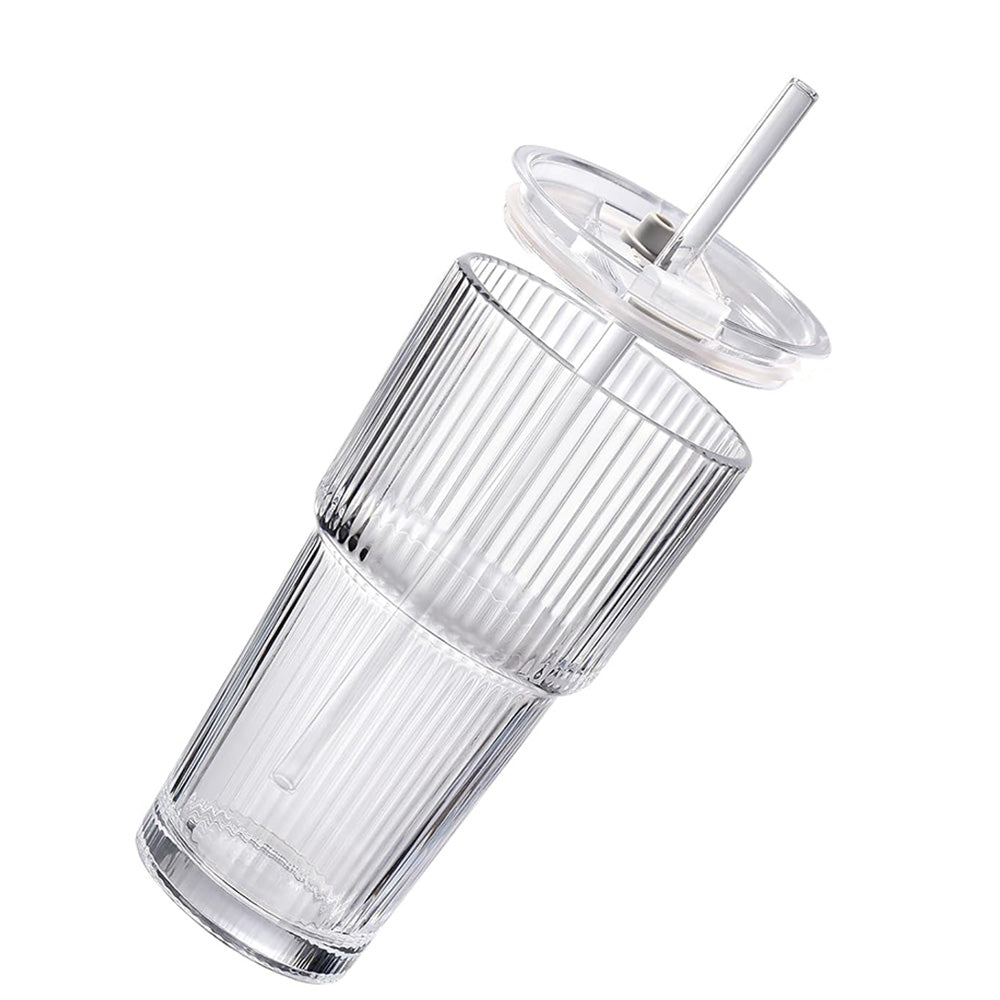 2Pcs Iced Coffee Cups with Lid Ribbed Glass Tumbler with Straw Leak Proof Reusable for To Go