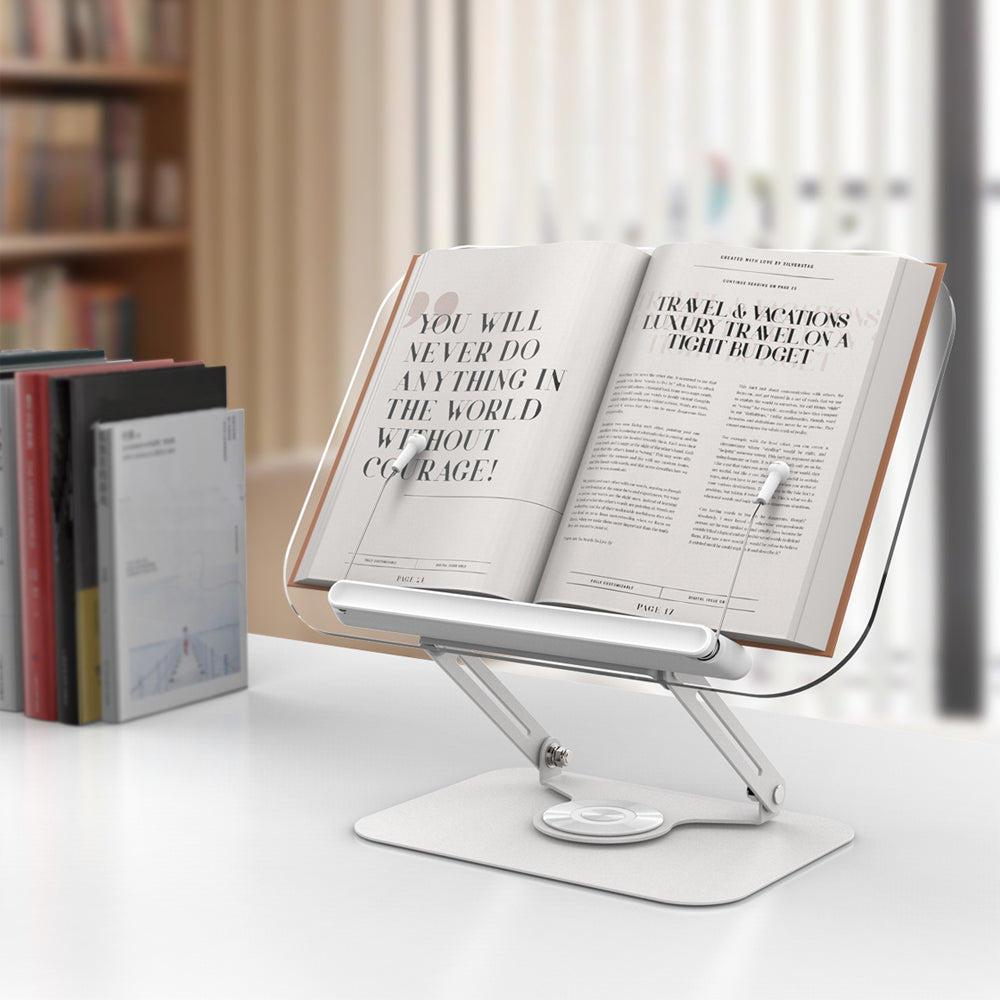 Adjustable Book Stand for Reading with 360 Degree Rotating Base and Page Clips