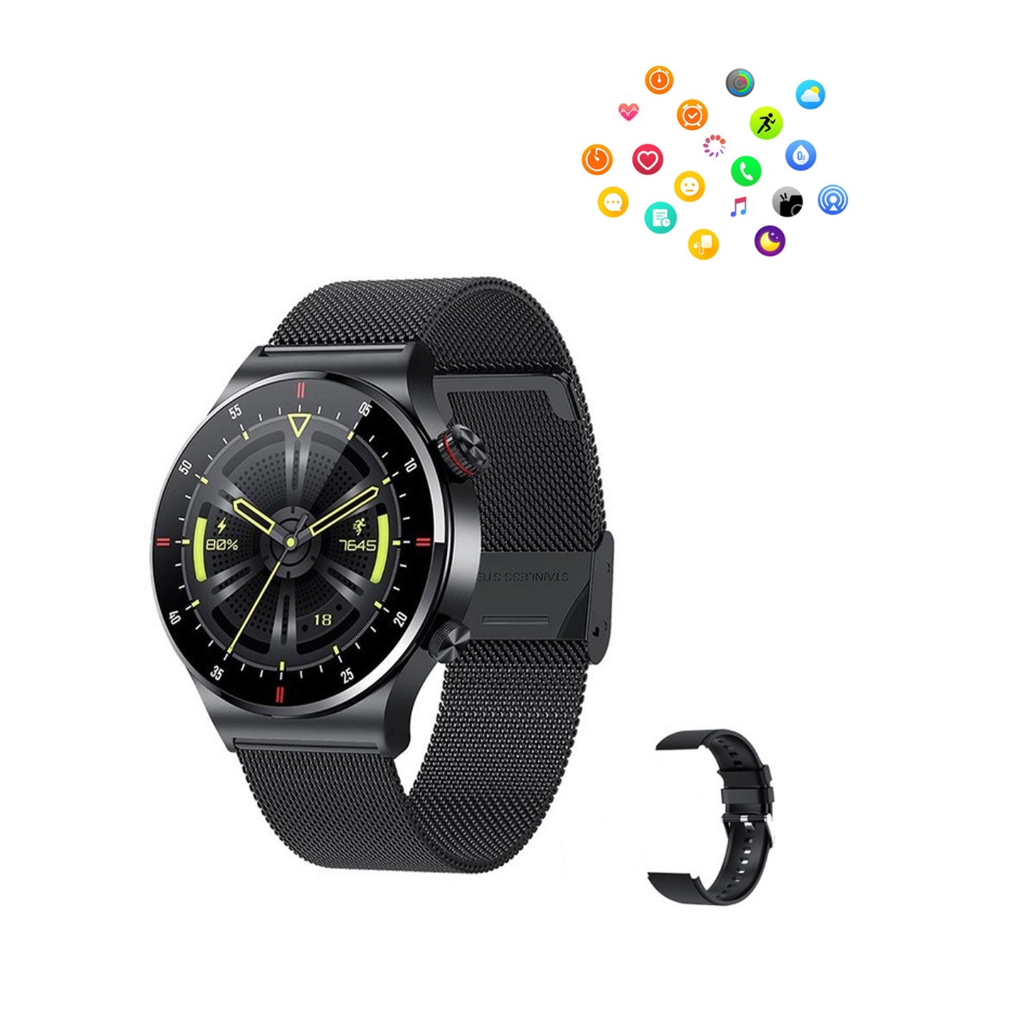 Sport Bluetooth Call Smart Watch With 1 Steel Strap and 1 Silicone Strap