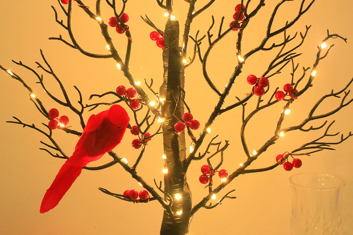 LED Vintage Christmas Tree with Red Cardinals and Warm White Glow