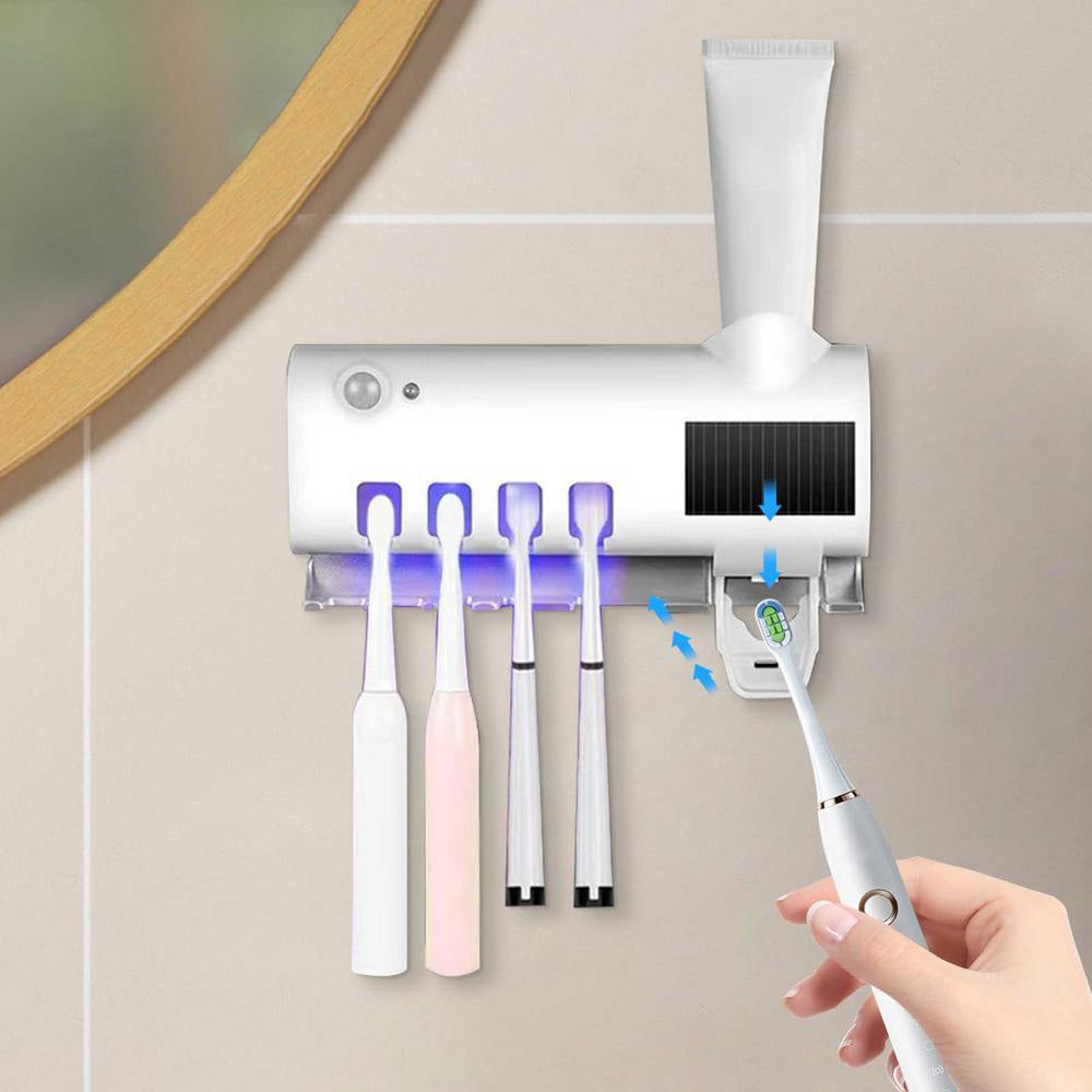Toothbrush Holder UV Light Sterilizer Solar Powered USB Automatic Toothpaste Dispenser with 4 Toothbrush Slots