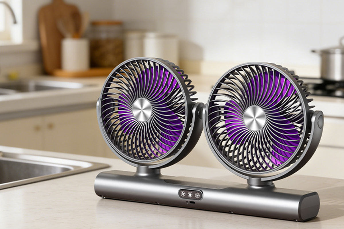 Dual Heads Rechargeable Hanging Fan 3 Speeds Fan with Night Light