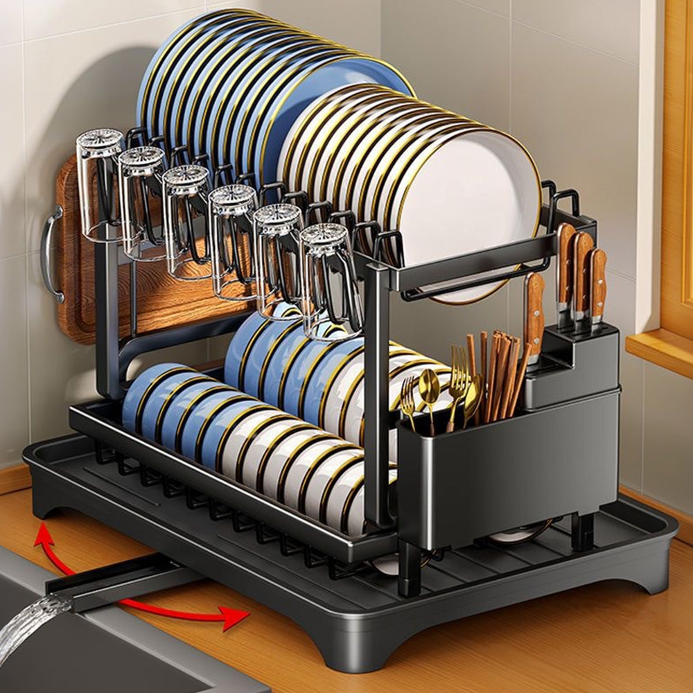 Two-Tier Carbon Steel Dish Drying Rack with Divided Storage