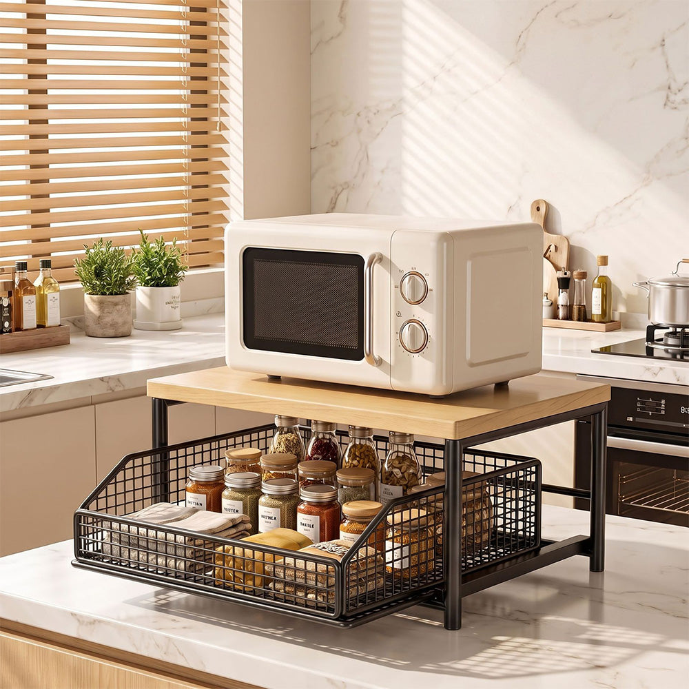 Kitchen Countertop Riser Storage Rack with Pull Out Drawer Basket