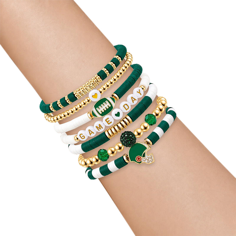 7 Piece Elastic Clay Bead Football Bracelet Stack Set