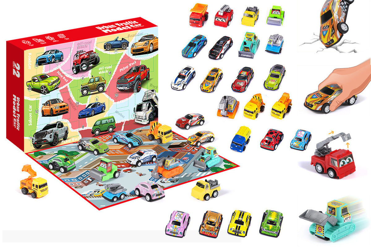22PCS Christmas Advent Calendar Pull Back Car Toy Blind Box Set with Map for Birthday Gift