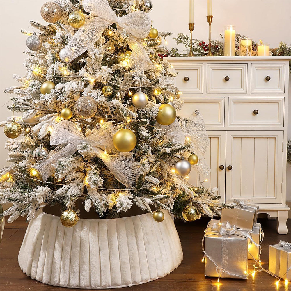 White Christmas Tree Collar With Stripe Textured Pattern Christmas Tree Skirt Base