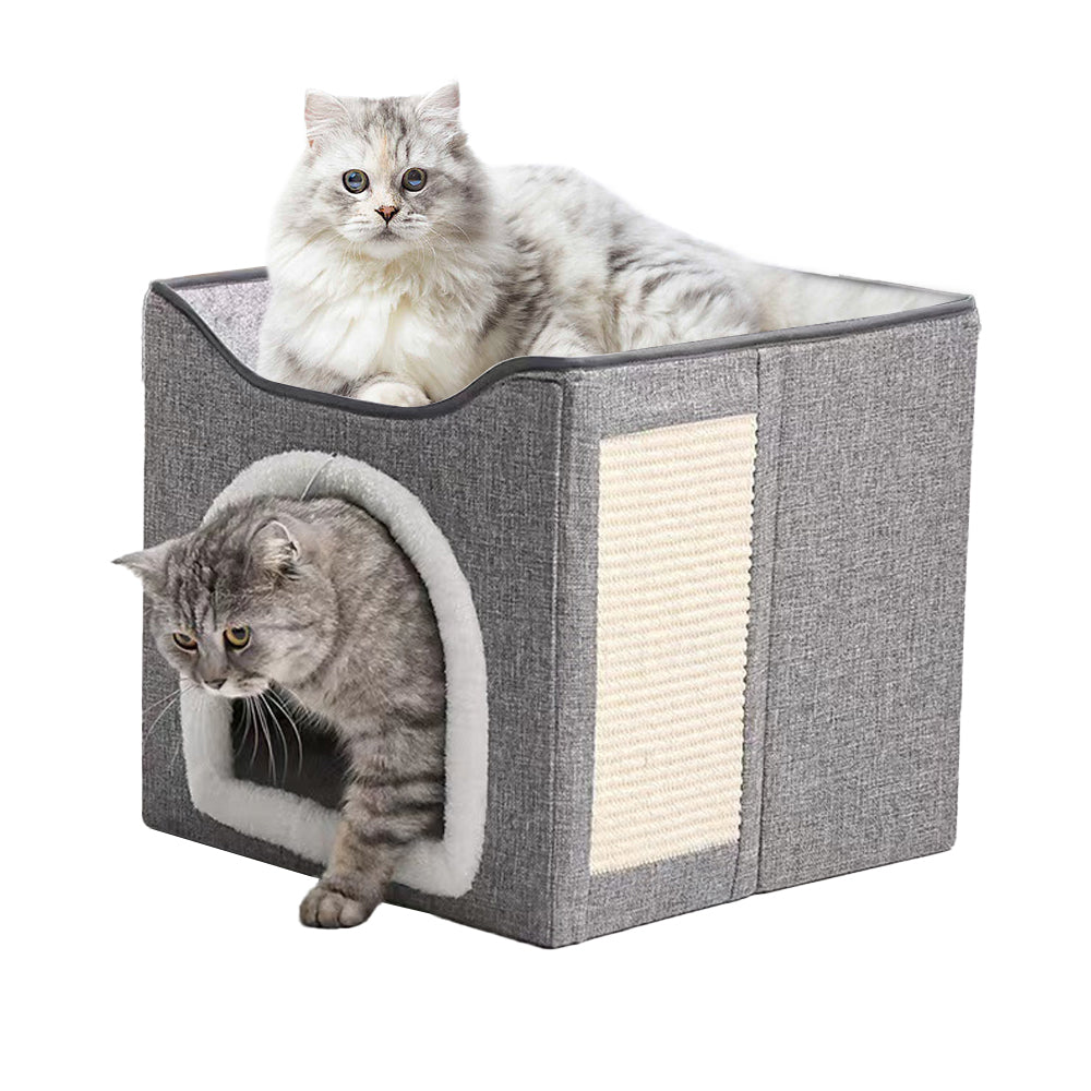 Foldable Cat Condo 2 Layer Cat Cube Box Kitten Cave with 2 Cosy Cushion