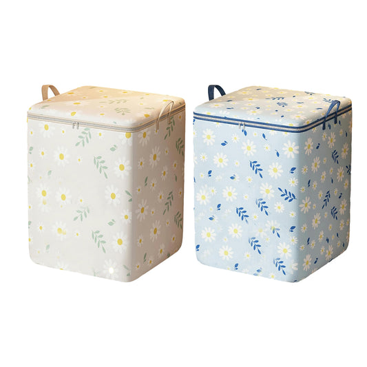 2Pcs Non-Woven Fabric Quilt Storage Bag Toy Storage and Sorting Bag-Beige and BlueDaisies