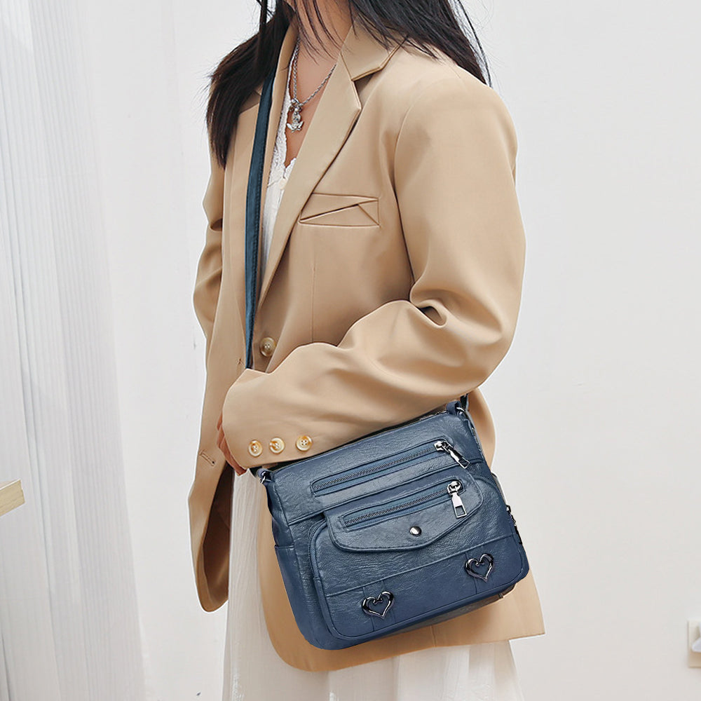 Retro Multi Pockets Crossbody Bag PU Leather Crossbody Shoulder Bag for Women