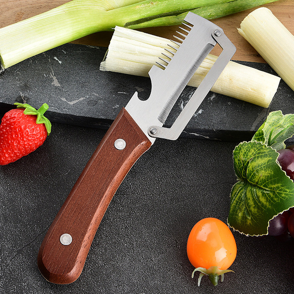 Multi-Functional Vegetable Peeler Stainless Steel Blade with Wooden Handle and Bottle Opener