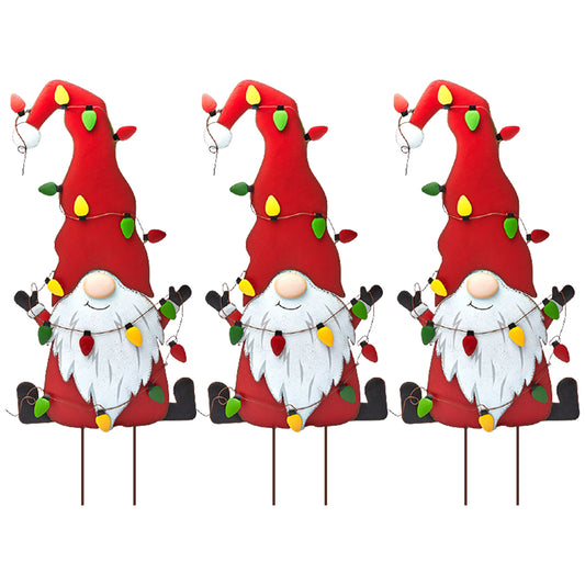 3Pcs Red Metal Gnome Sign Stake Outdoor Lawn Yard Decoration
