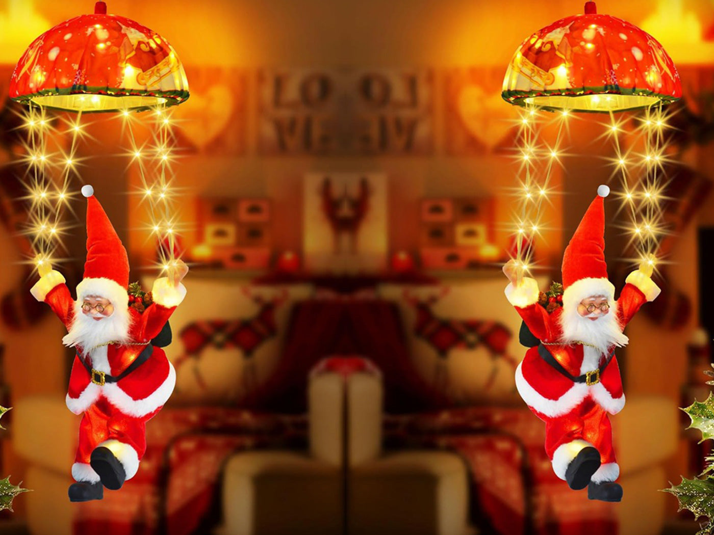 Christmas Decorations Santa Claus Parachute Lights LED Hanging Xmas Tree Decor