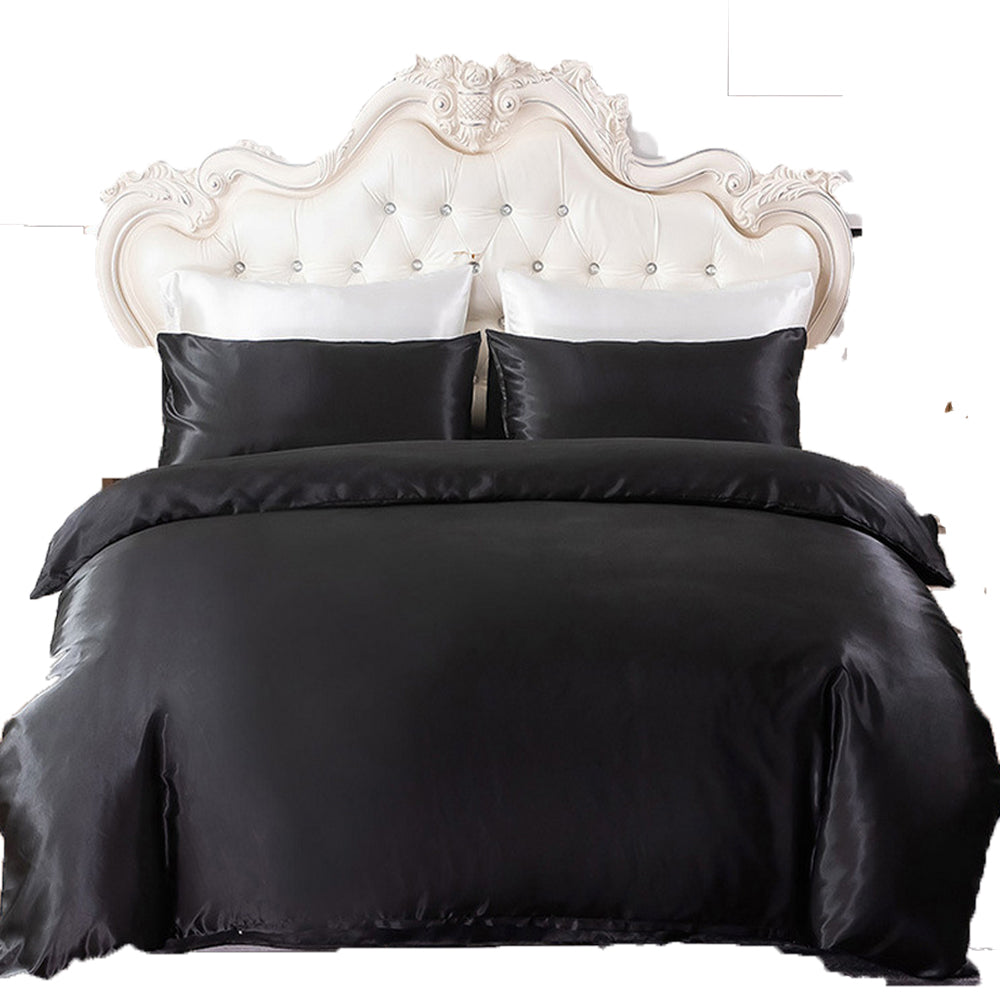 Single Double Queen Quilt Cover Silk Satin Bedding Set-Black