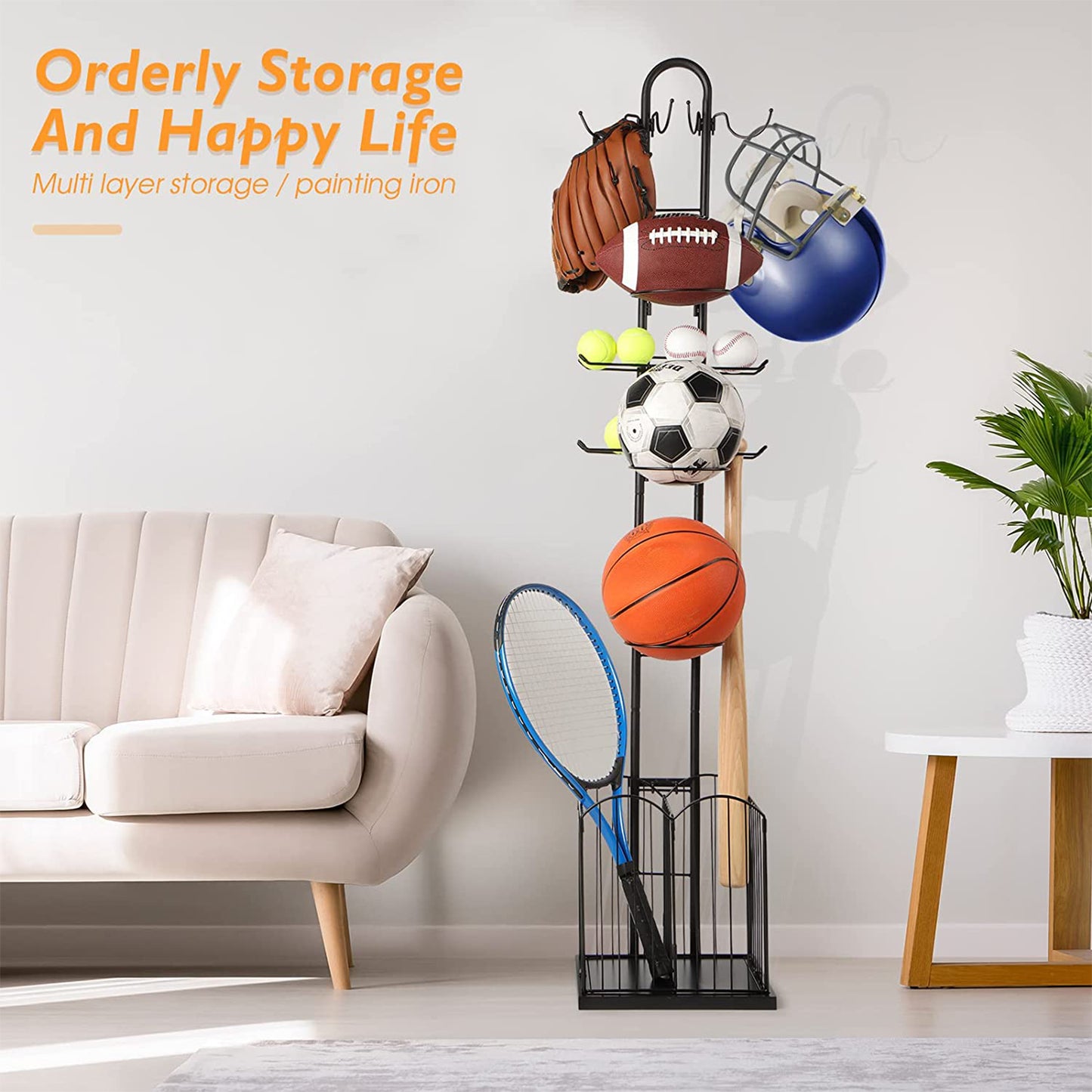 4 Tier Sports Equipment Ball Storage Rack with Basket and Hooks