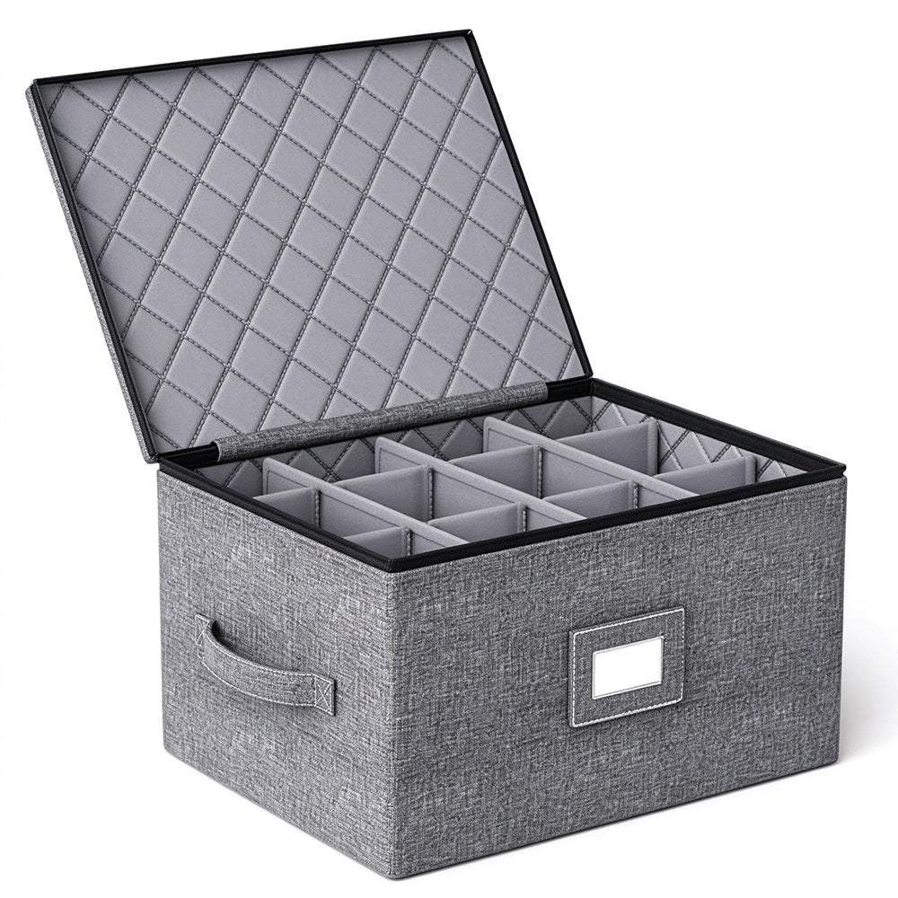 12 Compartment Quilted Fabric Wine Glass Storage Box with Dividers