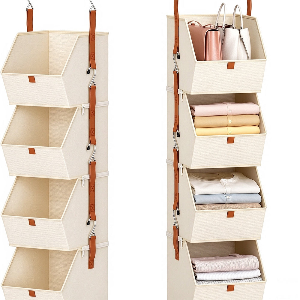 4 Tier Hanging Closet Organizer Shelf with Zip Connected Storage Layers