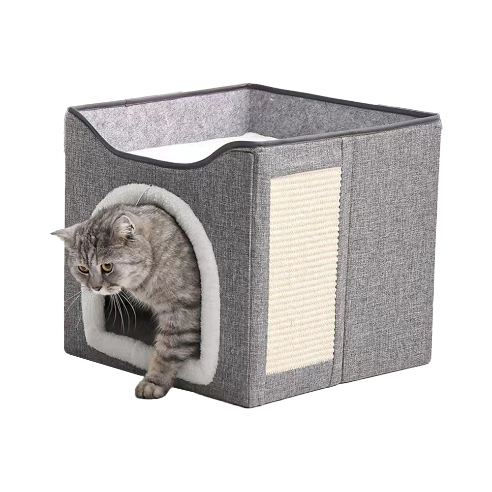 Foldable Cat Condo 2 Layer Cat Cube Box Kitten Cave with 2 Cosy Cushion