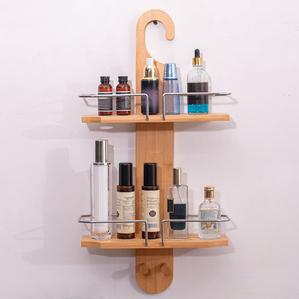 2 Tier Bamboo Shower Caddy with Drain Holes Hanging Organizer for Bathroom