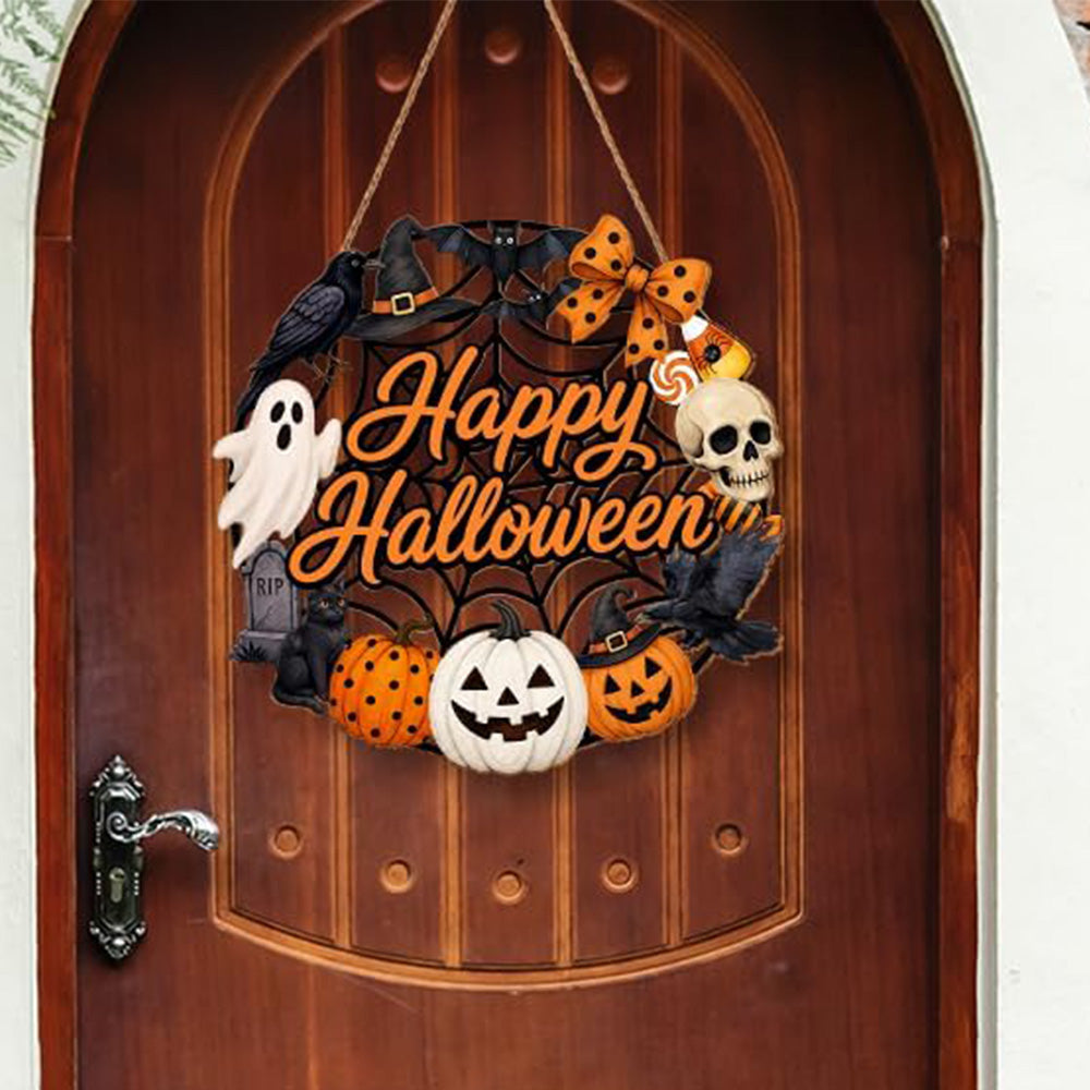 2 Pack Engineered Wood Halloween Ghost Pumpkin Hanging Door Signs