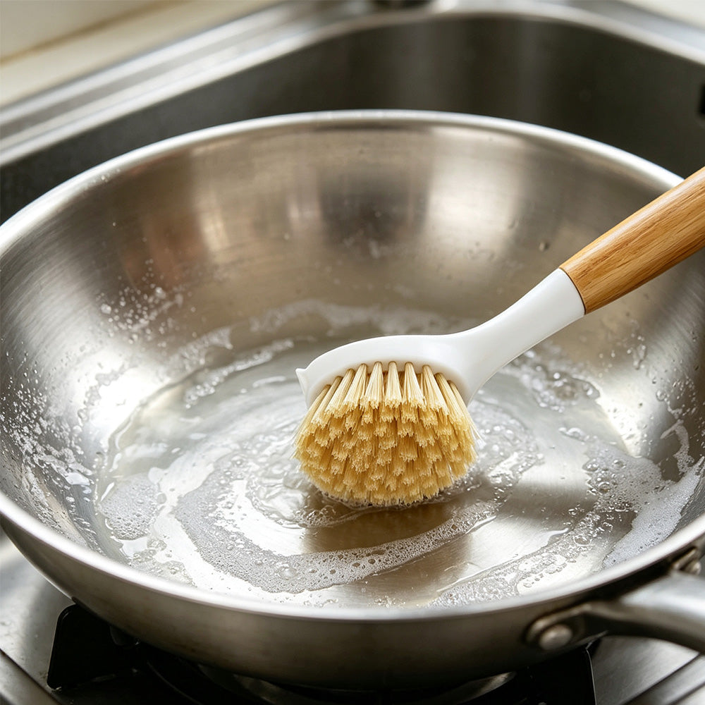 4 Piece Pot Cleaning Brush Set with Engineered Wood Handles for Cookware