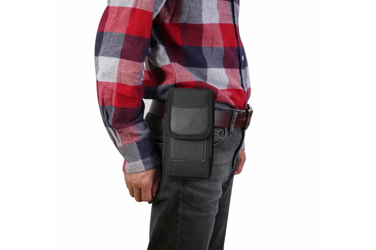 Universal Black Oxford Cloth Phone Waist Pouch with Belt Clip and Card Holder Compatible with Most Smartphones