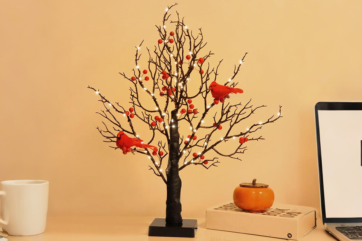 LED Vintage Christmas Tree with Red Cardinals and Warm White Glow